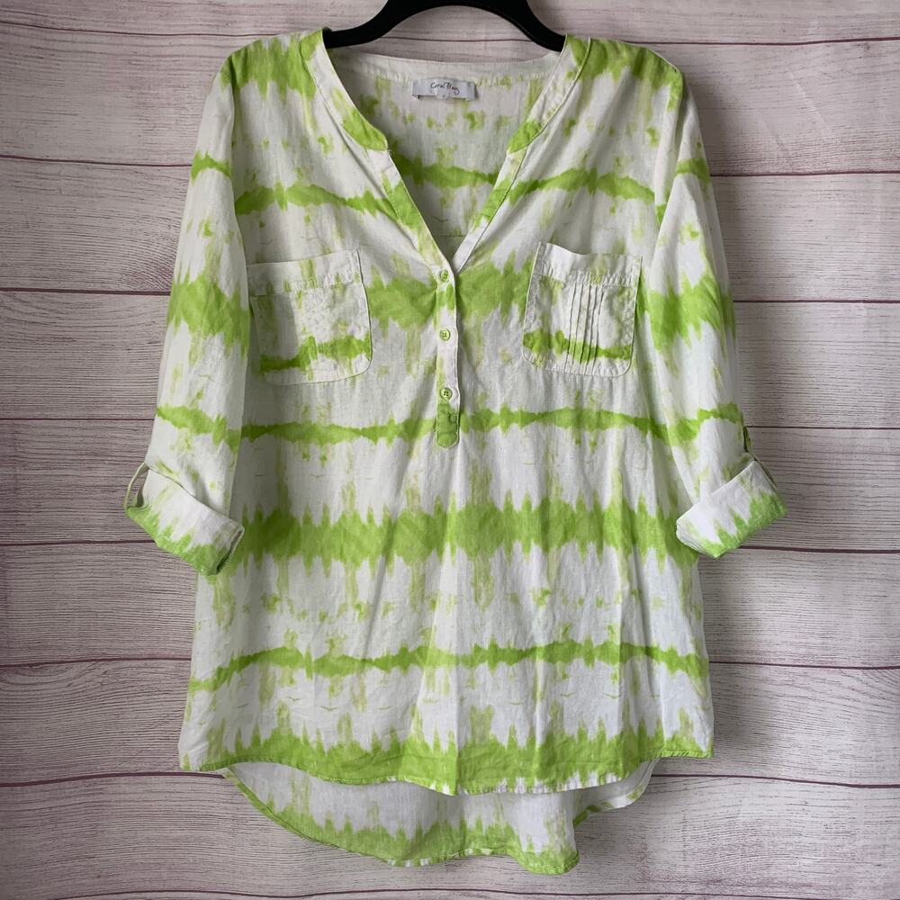 Coral Bay Green White Tie-Dye Striped Blouse Partial Button 3/4 Roll Tab Sleeves